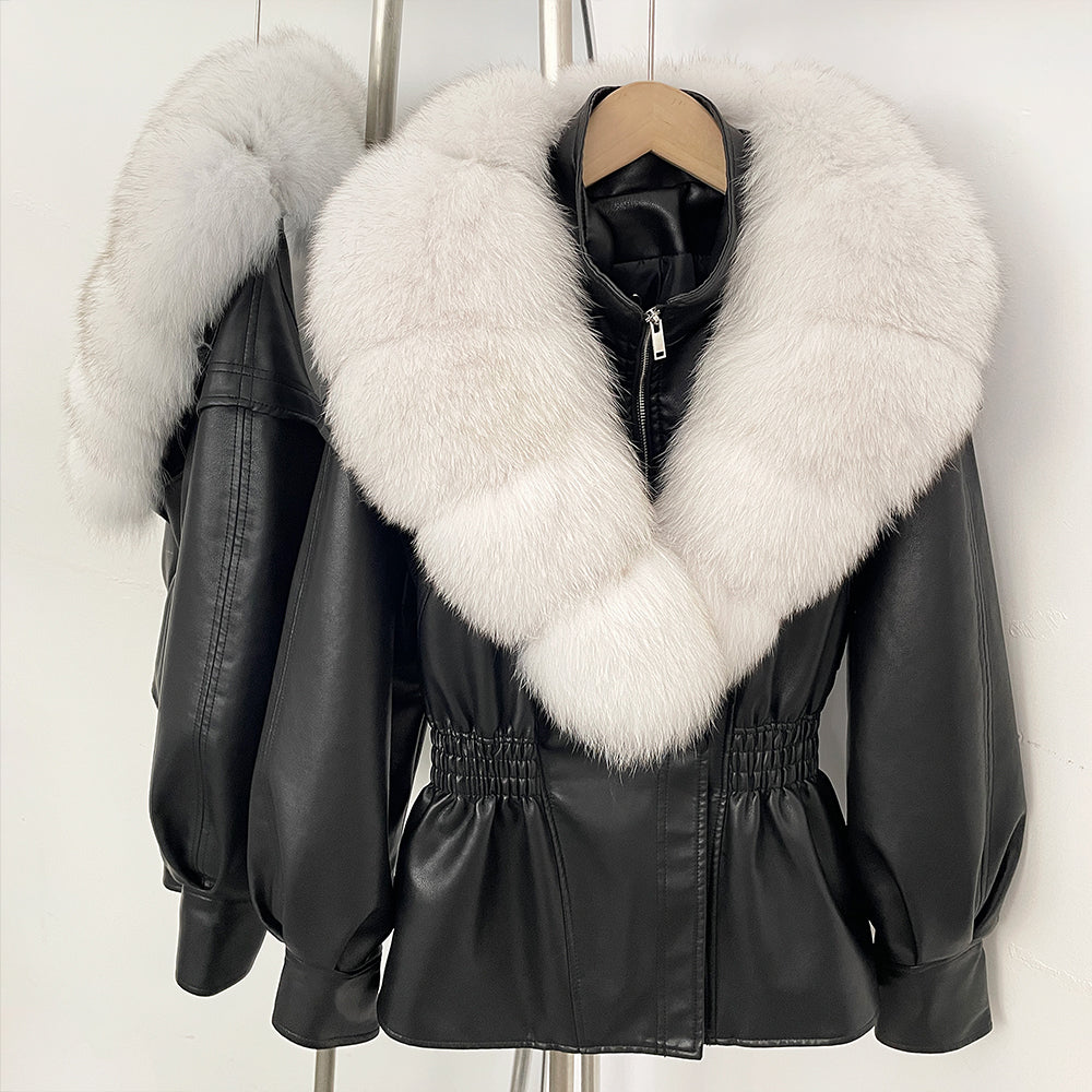 OFTBUY Women's Luxury Real Fox/Raccoon Fur Faux Leather Jacket Elastic Waist New Winter Coat Elegant PU Leather Outerwear Female