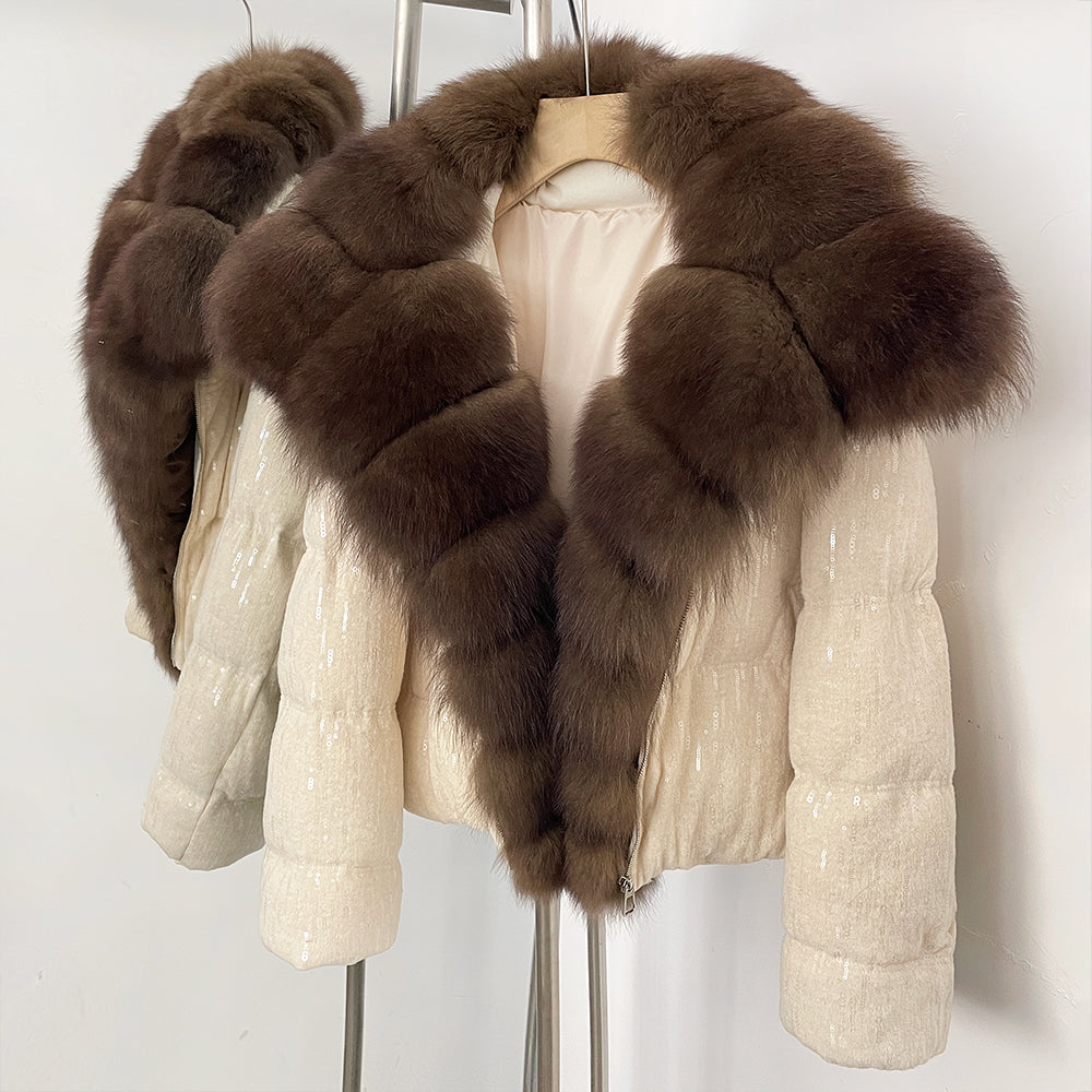 OFTBUY Sequined Duck Down Coat Female New Women's Short Puffer Jacket with Real Fox Fur Collar  Luxury Sparkly Winter Outerwear