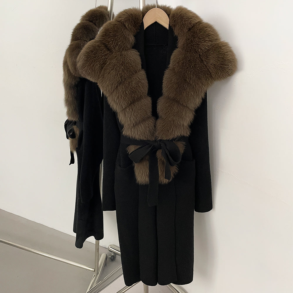 OFTBUY New Natural Fur Collar Long Knit Jacket Women Atrumn Winter Top Clothing Female Fashion Warm Belt Real Fox Fur Cardigan