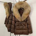 OFTBUY New Women's Duck Down Jacket with Large Real Fox Fur Hood Belted Waist Warm Winter Puffer Coat Lady Luxury Outerwear