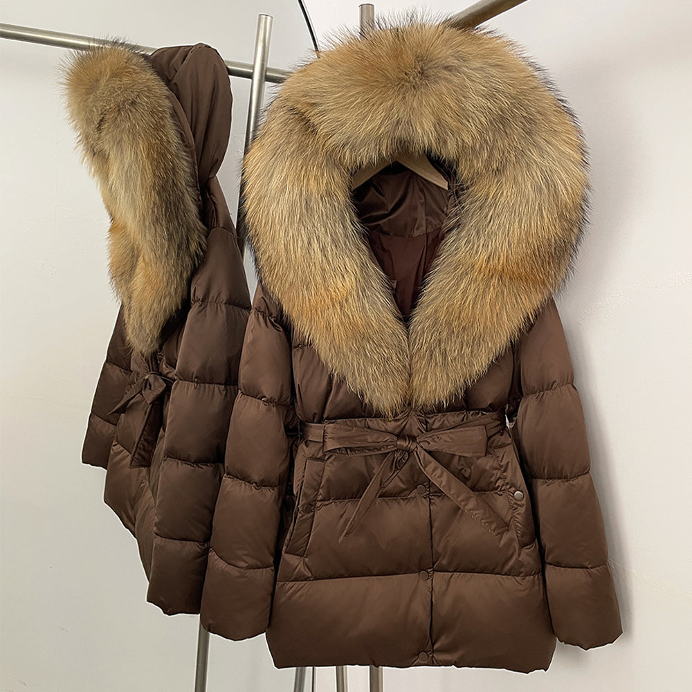 OFTBUY New Women's Duck Down Jacket with Large Real Fox Fur Hood Belted Waist Warm Winter Puffer Coat Lady Luxury Outerwear
