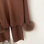 OFTBUY New Autumn Winter Clothing Women Fashion Real Fox Fur Collar Sweater Suit Female Raccoon Fur Pullovers Trousers Set Lady