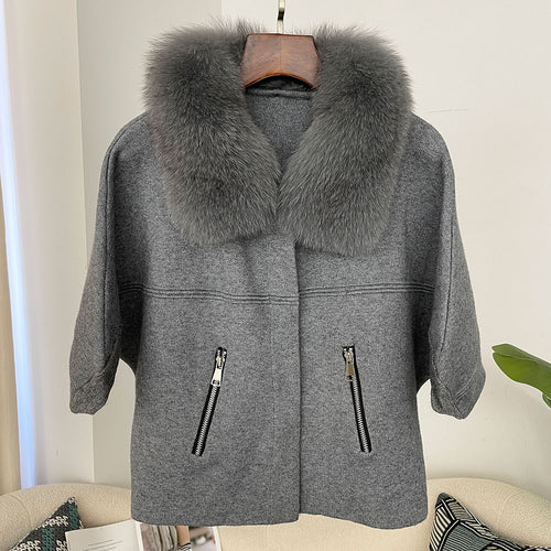OFTBUY Autumn Winter Real Fox Raccoon Fur Collar Coat Knitted Sweater Women Short Sleeve Jacket Thick Warm Outerwear Streetwear