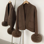 OFTBUY Elegant Warm Outerwear Women's Luxury Double-Faced Wool Jacket Winter Open Front Pocket Real Fox Fur Cuffs Woolen Coat