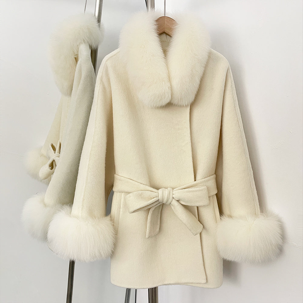 OFTBUY Belted Waist Elegant Winter Luxury Woolen Outerwear Female New Women's Wool Coat Large Real Fox Fur Collar and Cuffs