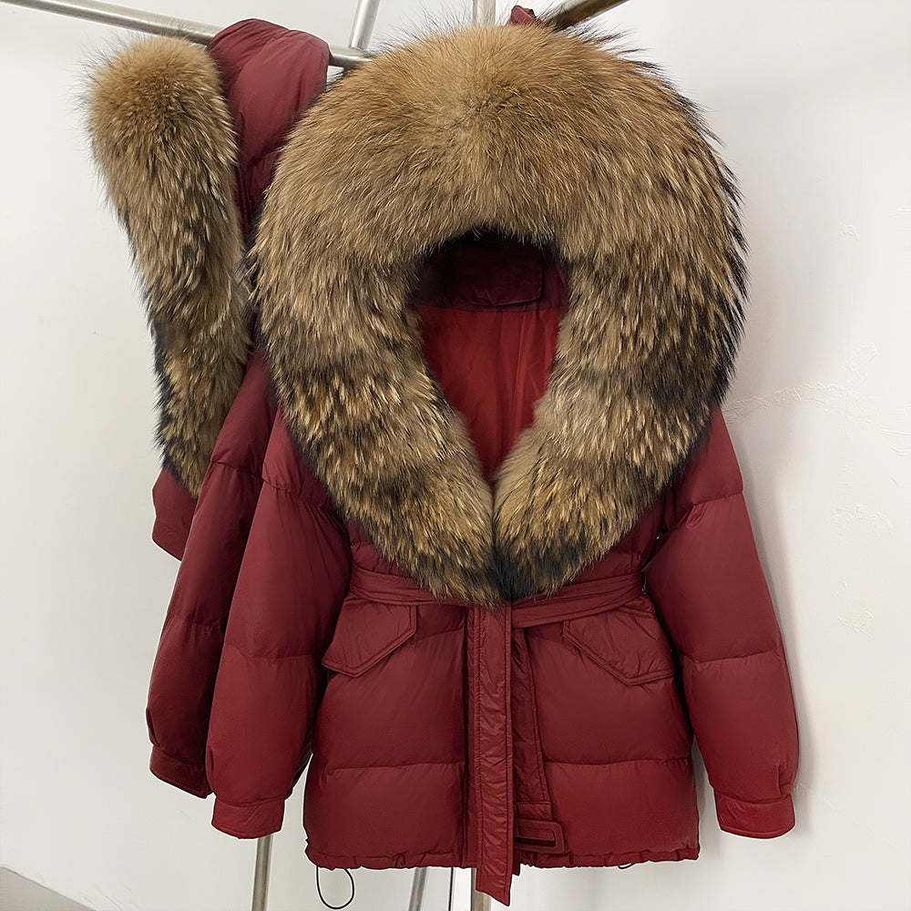 OFTBUY Thick Warm Mid-Long Puffer Coat Real Fox Fur Collar White Duck Down Coat Female Loose Warm Hooded Parkas With Belt