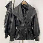 OFTBUY New Women's Faux Leather Jacket Oversized High Neck Zipper Elastic Waist Vintage Coat Female Streetwear Fashion Outerwear