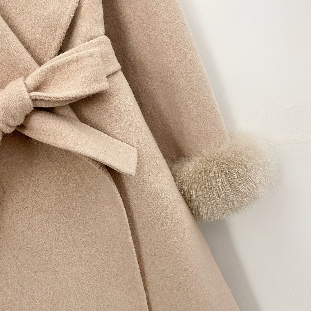 OFTBUY New Autumn Winter Belt Top Clothes Women Long Elegant Double-sided Woolen Coat Femlae Real Fox Fur Cuffs 100% Wool Coat