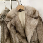 OFTBUY Luxury Long-Length Belted Faux Fur Coat - Premium Vegan Silver Fox Style Overcoat with Oversized Lapel