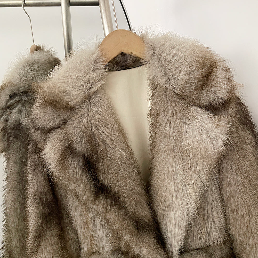 OFTBUY Luxury Long-Length Belted Faux Fur Coat - Premium Vegan Silver Fox Style Overcoat with Oversized Lapel