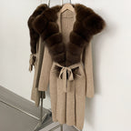 OFTBUY New Natural Fur Collar Long Knit Jacket Women Atrumn Winter Top Clothing Female Fashion Warm Belt Real Fox Fur Cardigan
