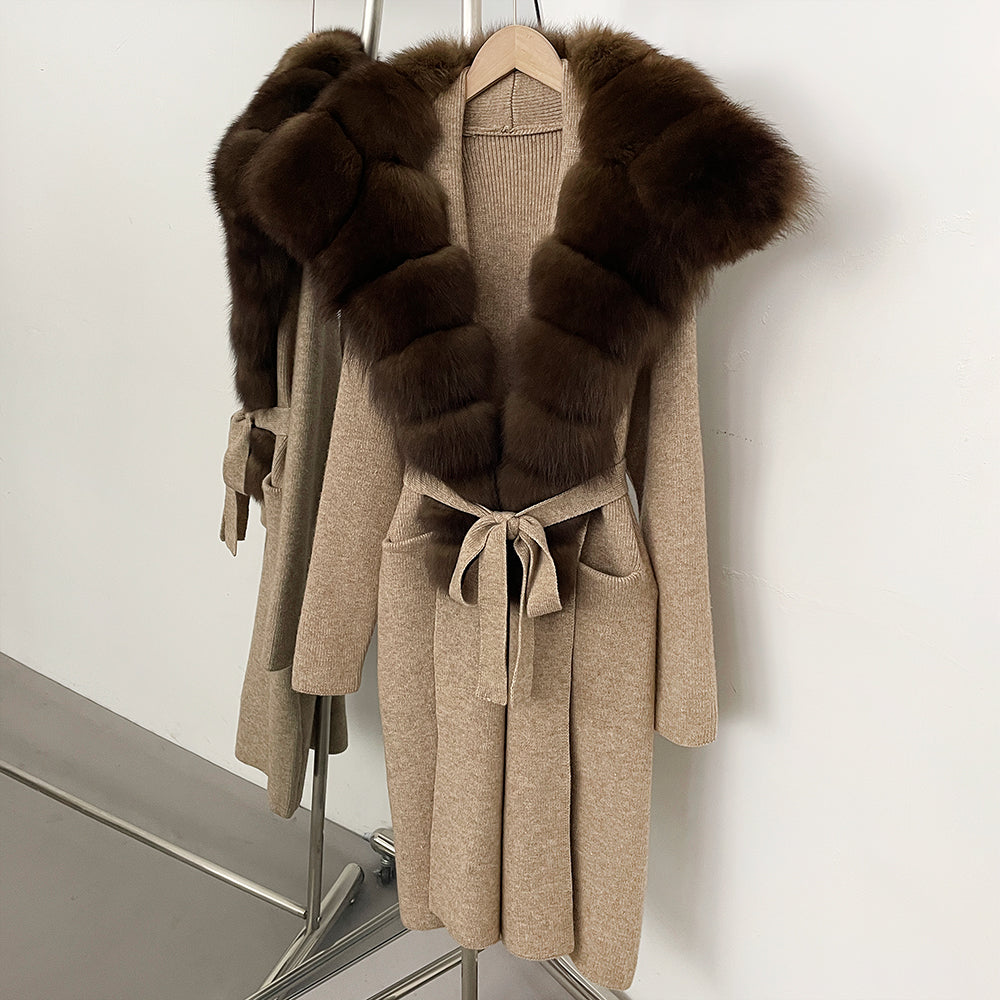 OFTBUY New Natural Fur Collar Long Knit Jacket Women Atrumn Winter Top Clothing Female Fashion Warm Belt Real Fox Fur Cardigan