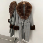 OFTBUY Winter Elegant Outerwear Warm Long Coat Lady New Women's Knit Coat with Large Real Fox Fur Collar Belted Cardigan Female