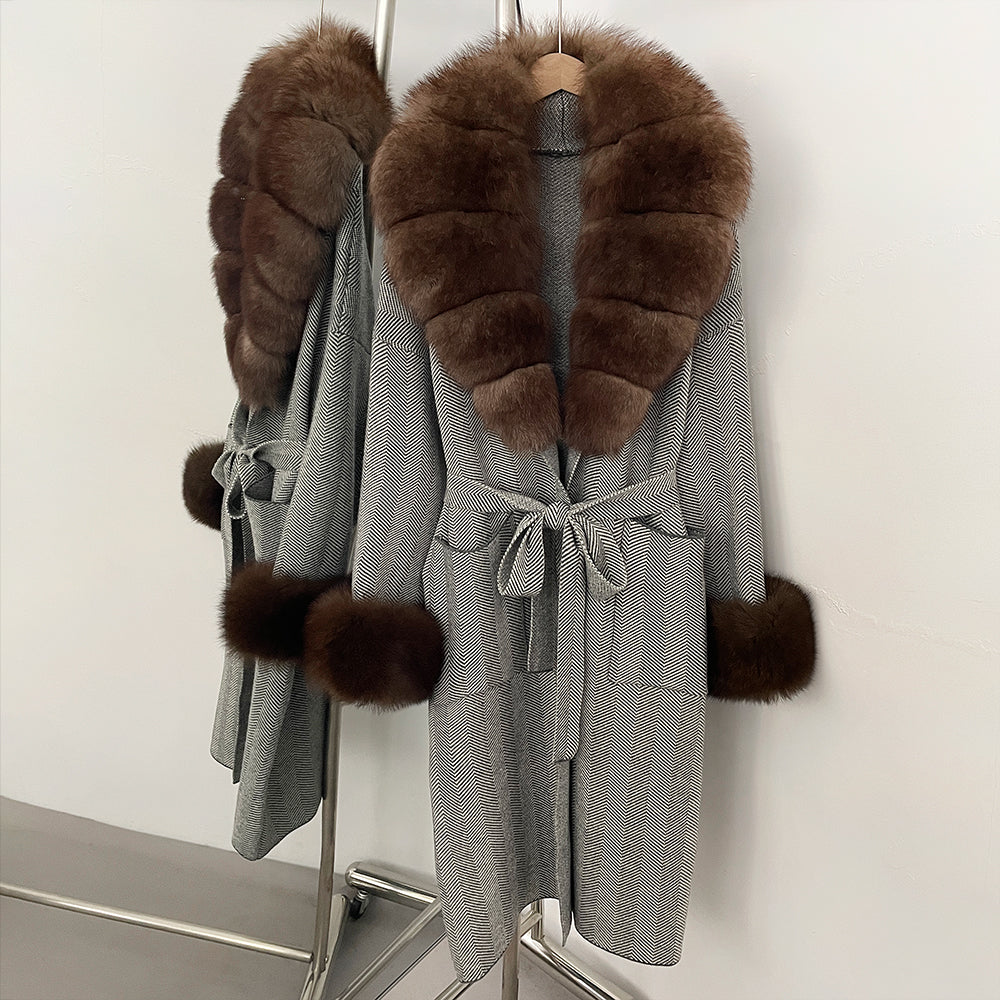 OFTBUY Winter Elegant Outerwear Warm Long Coat Lady New Women's Knit Coat with Large Real Fox Fur Collar Belted Cardigan Female