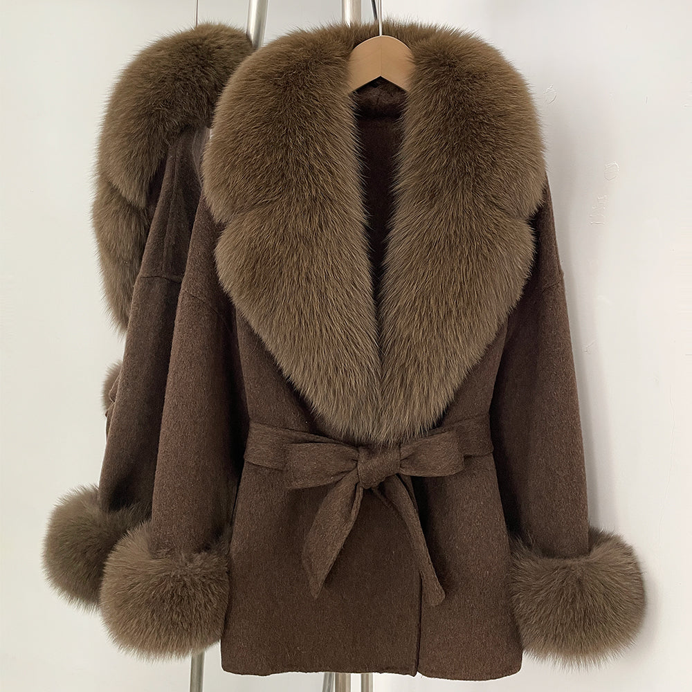 OFTBUY New Women's Double-Faced Wool Coat with Large Real Fox Fur Collar Cuffs Belted Warm Winter Elegant Fashion Outerwear Lady