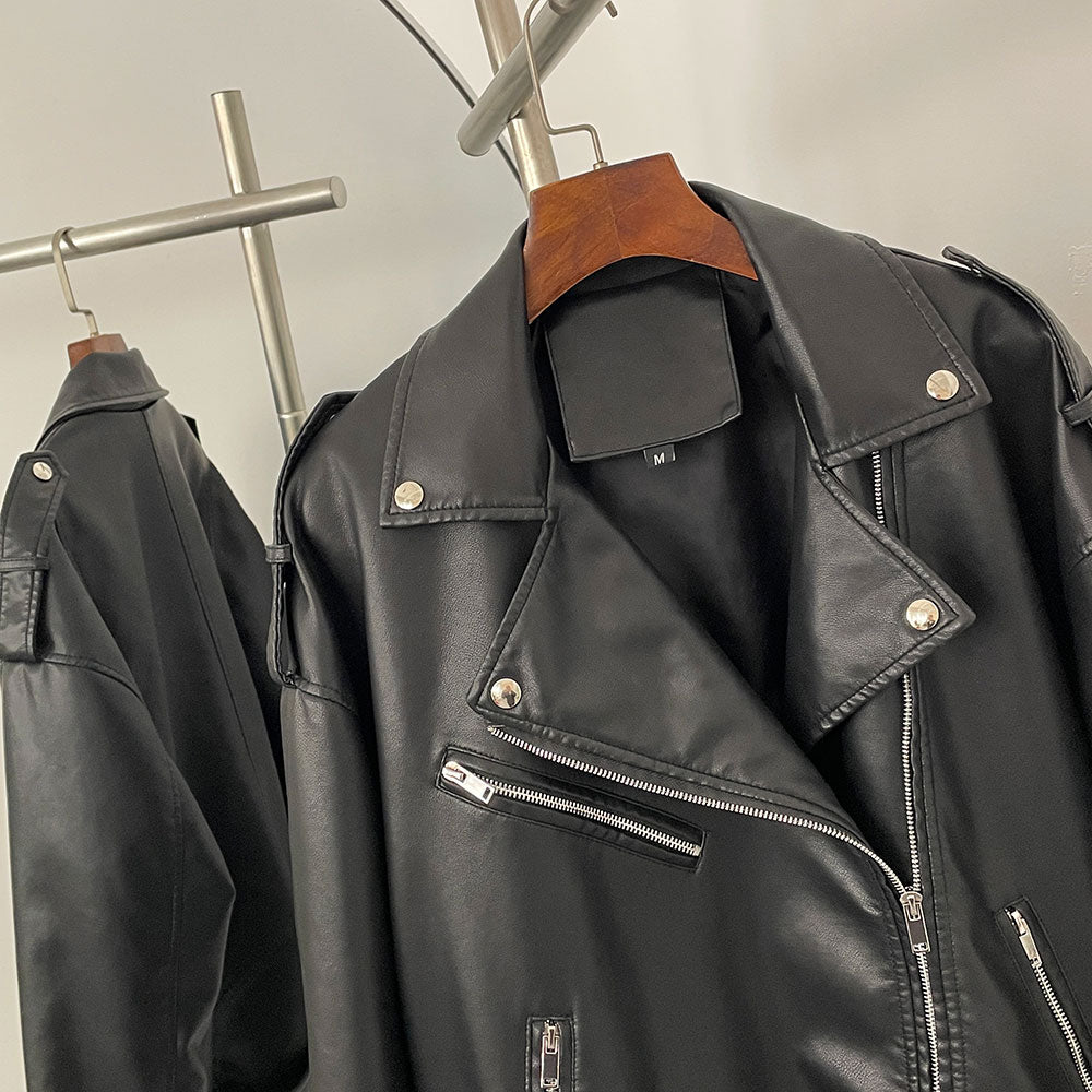 OFTBUY Women's Vintage Black Faux Leather Jacket with Waist Belt Lapel Collar PU Leather Coat Lady New Elegant Office Outerwear