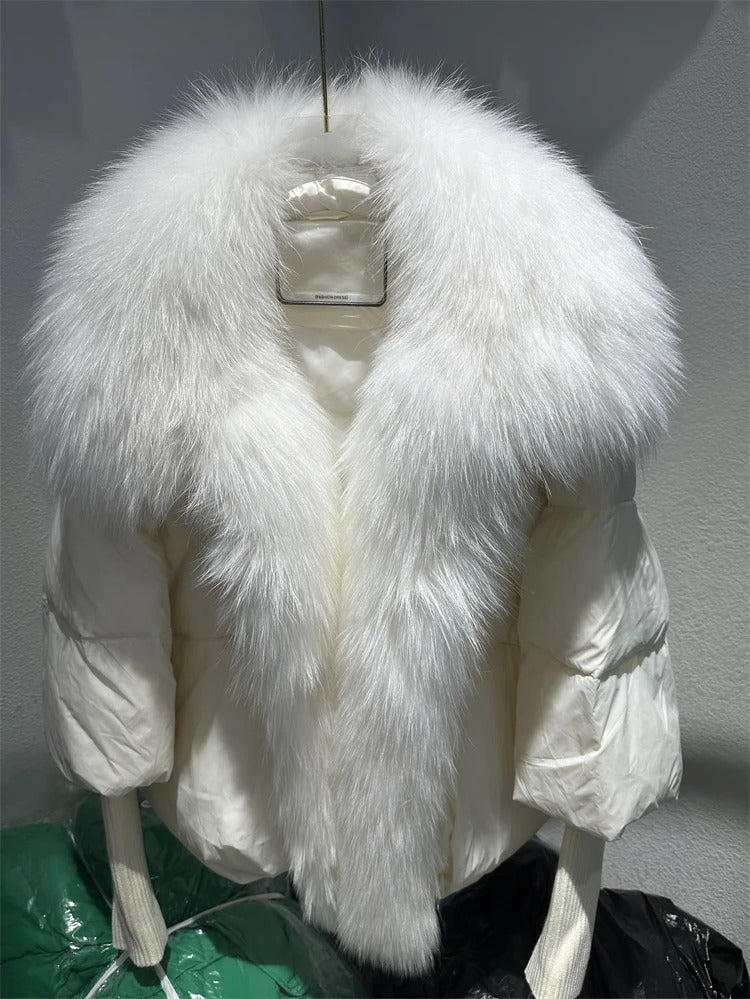OFTUBY White Duck Down Jacket Winter Women Warm Loose Coat Natural Real Fox Fur Collar Thick Luxury Outerwear New Fashion
