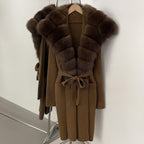 OFTBUY New Natural Fur Collar Long Knit Jacket Women Atrumn Winter Top Clothing Female Fashion Warm Belt Real Fox Fur Cardigan