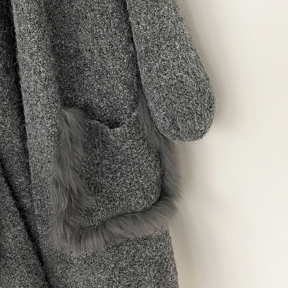 OFTBUY No Placket Long Sleeves Knitwear Jacket Long Real Fox Fur Pocket Cardigan Sweater Women New Spring Autumn Knitted Clothes