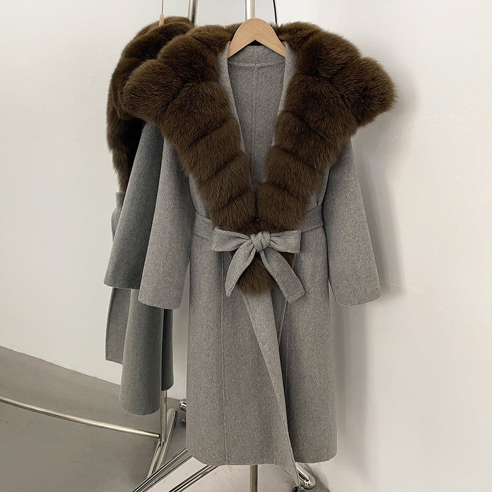 OFTBUY Long Belt Real Fur Wool Coat Female New Autumn Winter Warm Clothes Women Natural Fox Fur Collar Cashmere Woolen Jacket