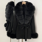 OFTBUY Belted Waist Striped Texture Pockets New Women's Knit Coat with Large Real Fox Fur Collar Winter Luxury Elegant Outerwear