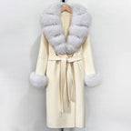 OFTBUY New Women's Double-Faced Wool Coat with Large Real Fox Fur Belted Warm Winter Luxury Fashion Outerwear Woolen Jacket Lady