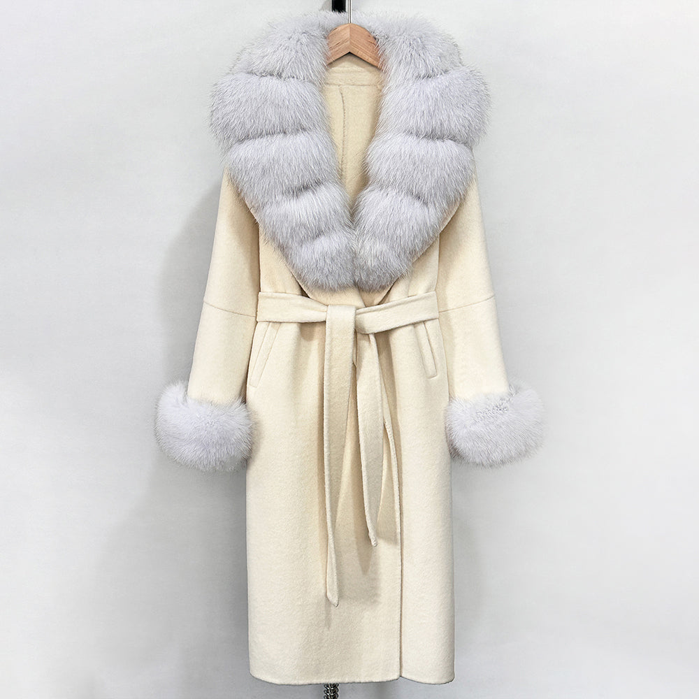 OFTBUY New Women's Double-Faced Wool Coat with Large Real Fox Fur Belted Warm Winter Luxury Fashion Outerwear Woolen Jacket Lady
