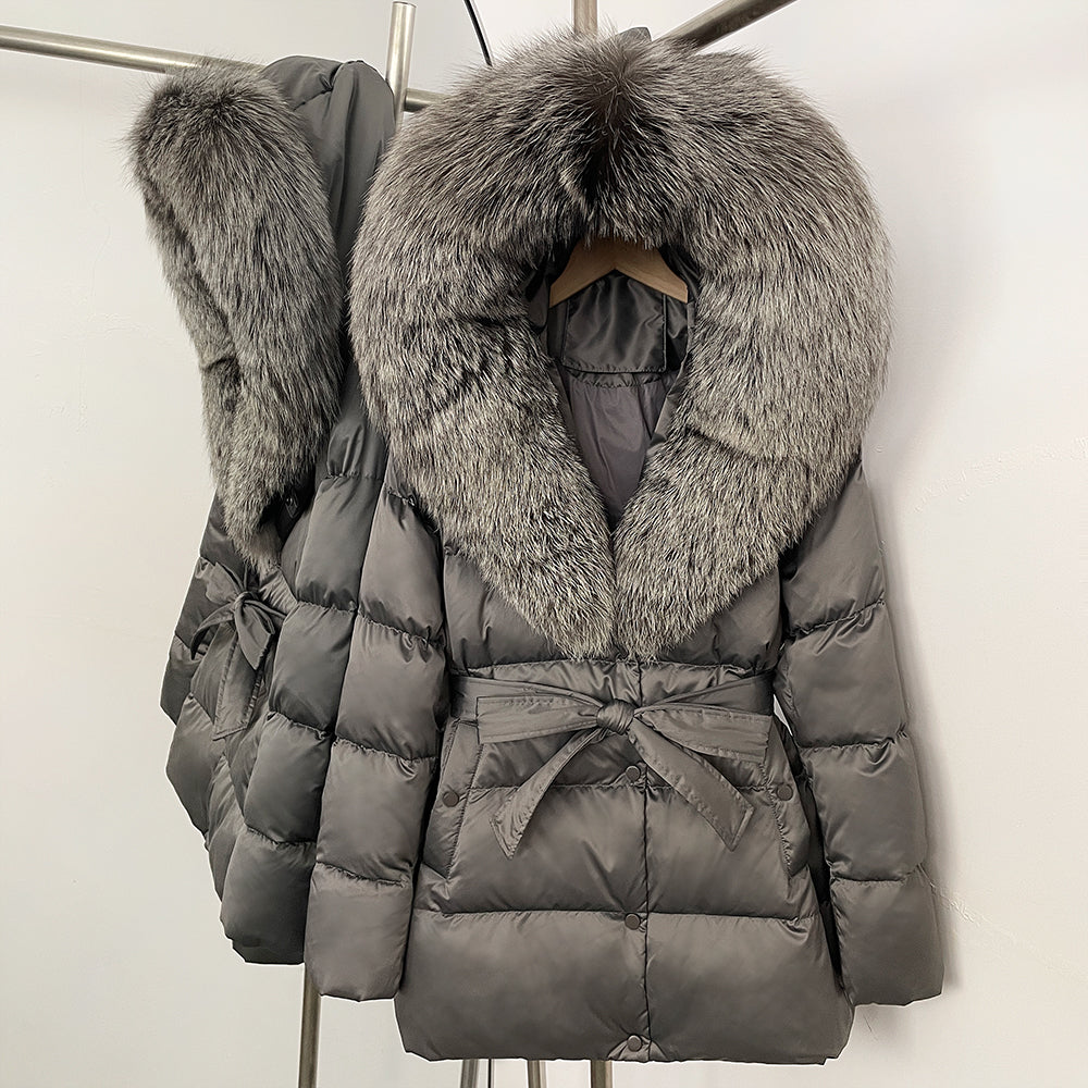 OFTBUY New Women's Duck Down Jacket with Large Real Fox Fur Hood Belted Waist Warm Winter Puffer Coat Lady Luxury Outerwear