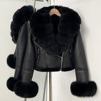 OFTBUY New Winter Real Fox Fur Collar and Cuffs Clothes Women Short Faux Leather Fake Fur Inner Jacket Female Thick Warm Coat