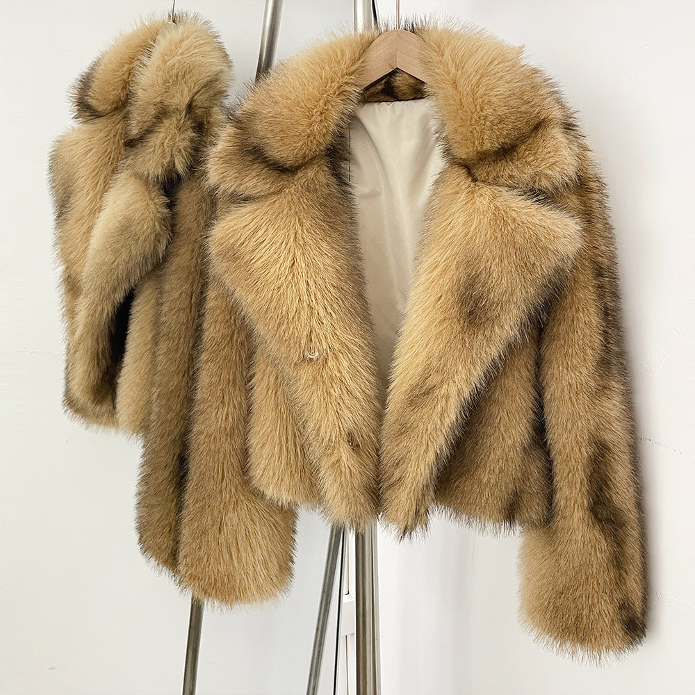 OFTBUY Luxury Oversized Lapel Faux Fur Jacket - Premium Vegan Fur Short Coat for Winter Glamour