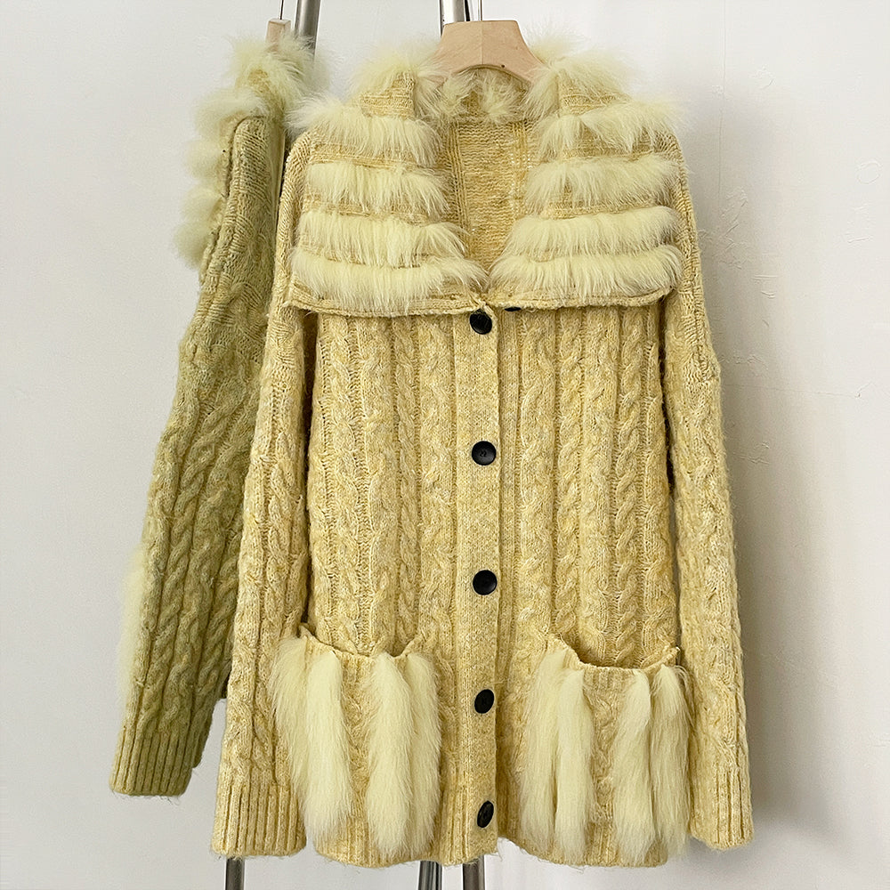 OFTBUY New Spring Warm Top Knitted Clothing Female Oversize Resl Fox Fur Cardigan Sweater Coat Women Loose Knitting Knitwear