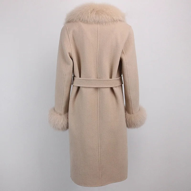 OFTBUY Winter Jacket Women Long Natural Wool Blends Cashmere Real Fur Coat Double Breasted Belt Warm Streetwear New Fashion