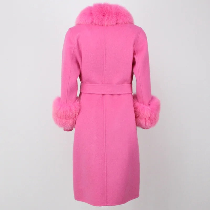 OFTBUY Winter Jacket Women Long Natural Wool Blends Cashmere Real Fur Coat Double Breasted Belt Warm Streetwear New Fashion
