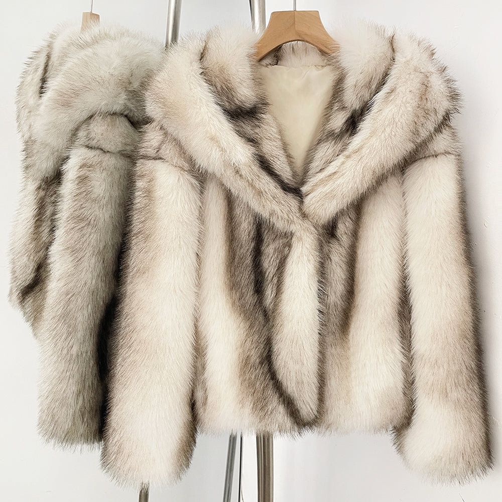 Front view of an elegant cream white vegan fur hoodie showing the plush oversized hood