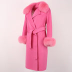 OFTBUY Winter Jacket Women Long Natural Wool Blends Cashmere Real Fur Coat Double Breasted Belt Warm Streetwear New Fashion