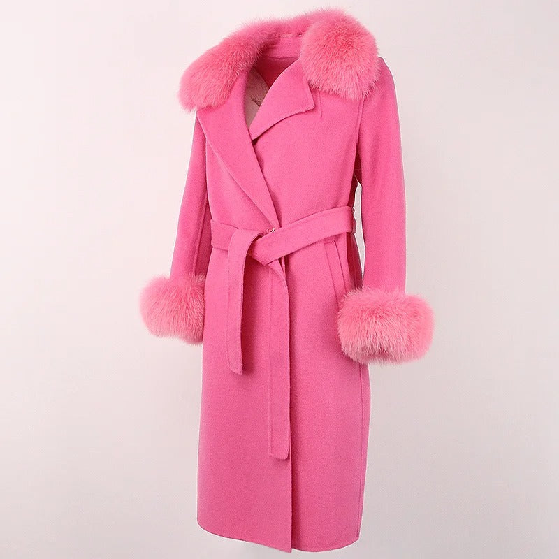 OFTBUY Winter Jacket Women Long Natural Wool Blends Cashmere Real Fur Coat Double Breasted Belt Warm Streetwear New Fashion