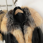 OFTBUY Women's Faux Leather Moto Jacket with Real Fox Fur Collar PU Leather Cropped Biker Coat with Lace-Up New Winter Outerwear