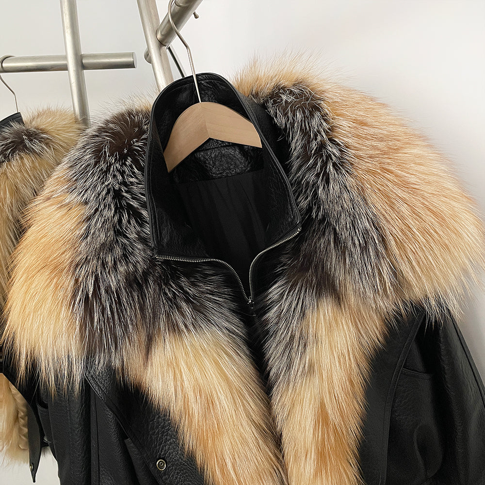 OFTBUY Women's Faux Leather Moto Jacket with Real Fox Fur Collar PU Leather Cropped Biker Coat with Lace-Up New Winter Outerwear