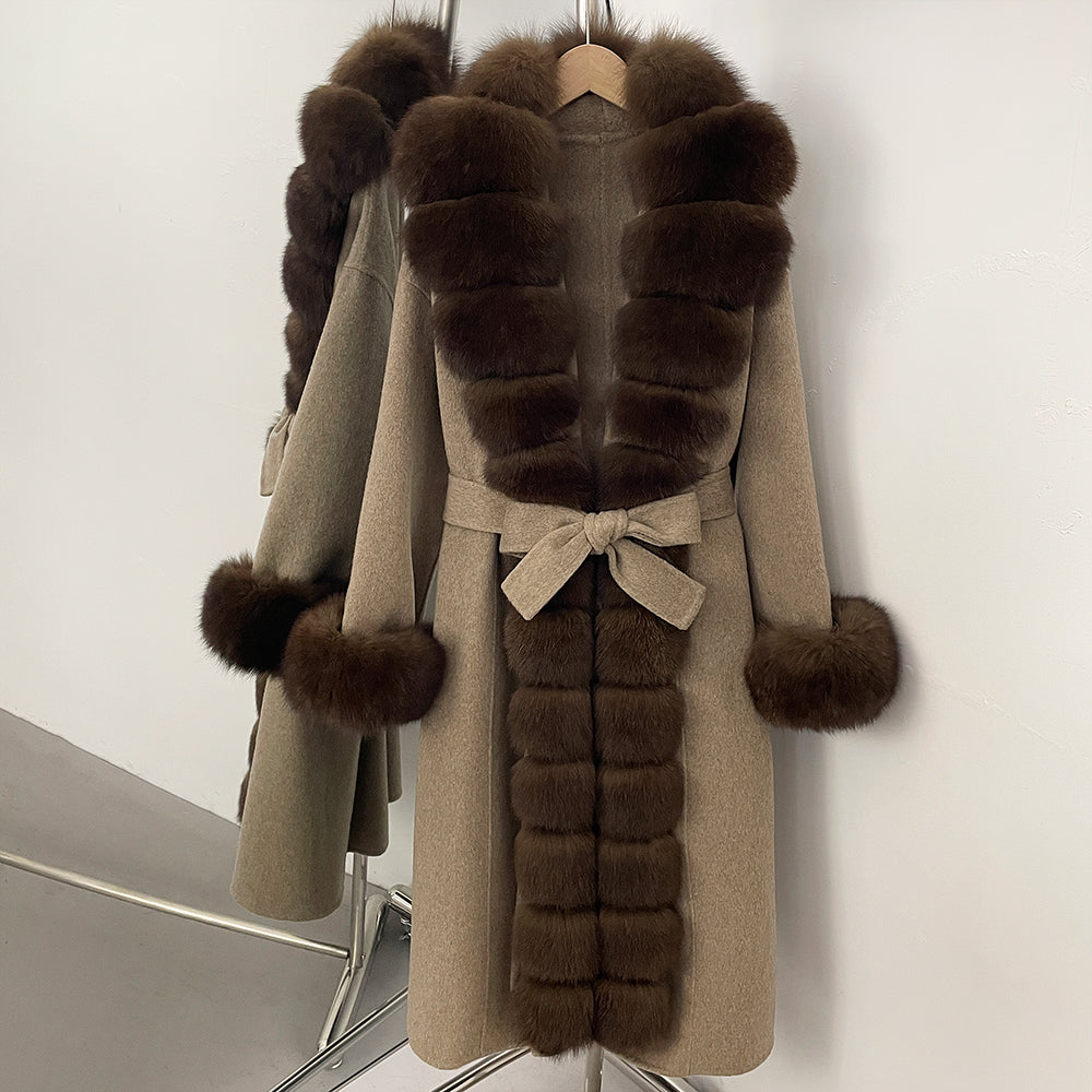 OFTBUY Long Big Fox Fur Pinnacle 100% Wool Coat Female New Autumn Winter Clothes Women Belt Natural Fur Collar Woolen Jacket