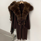 OFTBUY New Natural Fur Collar Long Knit Jacket Women Atrumn Winter Top Clothing Female Fashion Warm Belt Real Fox Fur Cardigan