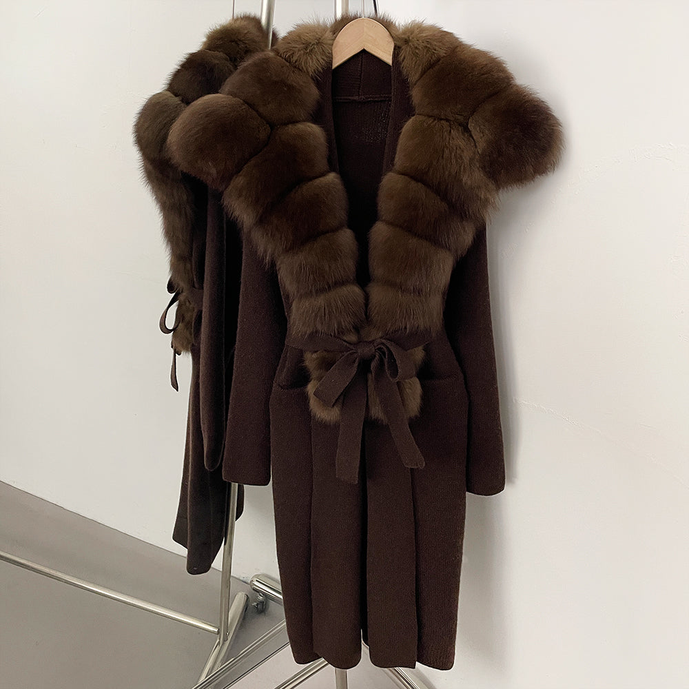 OFTBUY New Natural Fur Collar Long Knit Jacket Women Atrumn Winter Top Clothing Female Fashion Warm Belt Real Fox Fur Cardigan