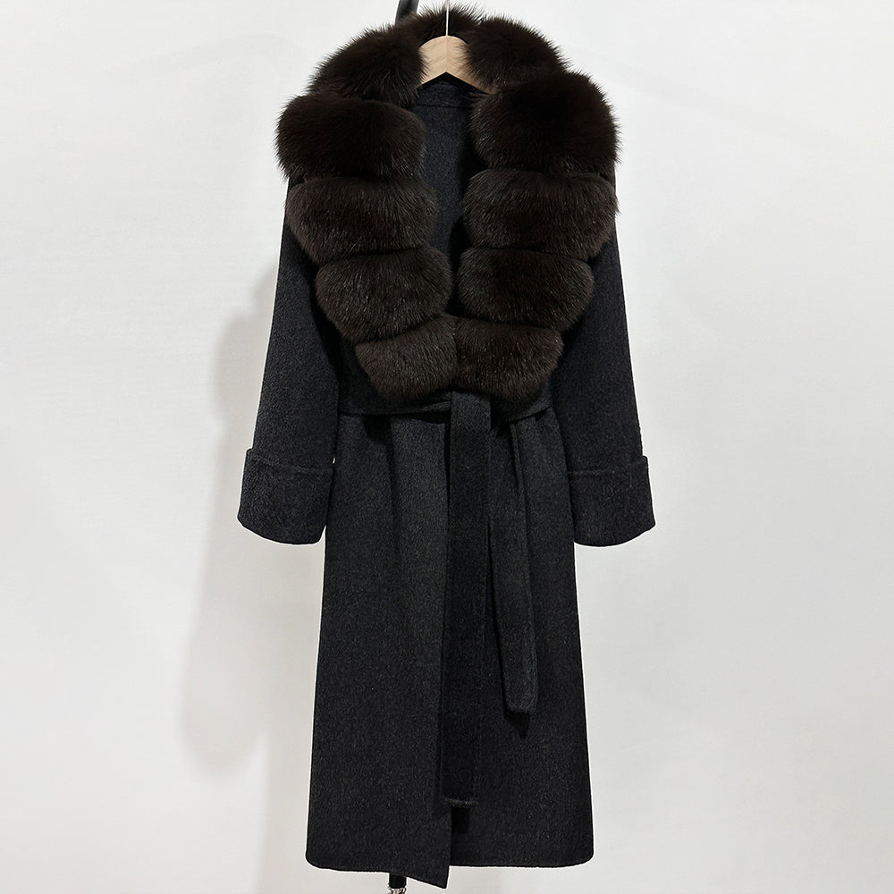OFTBUY Long Belt 100% Wool Coat with Real Fox Fur Collar Warm Natural Fur Woolen Jacket Female New Autumn Winter Clothing Women