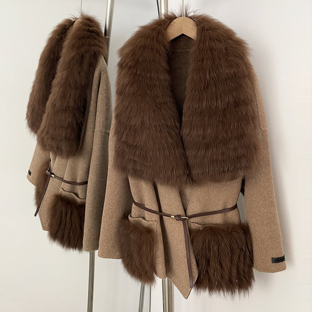 OFTBUY Fur Pockets Winter Luxury Outerwear Woolen Jacket Female New Women's Double Face Wool Coat with Large Real Fox Fur Collar