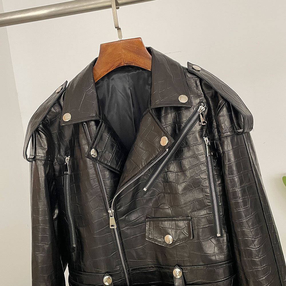OFTBUY New Women's Genuine Leather Cropped Moto Jacket Crocodile Embossed Real Leather Biker Coat with Belt Punk Rock Outerwear