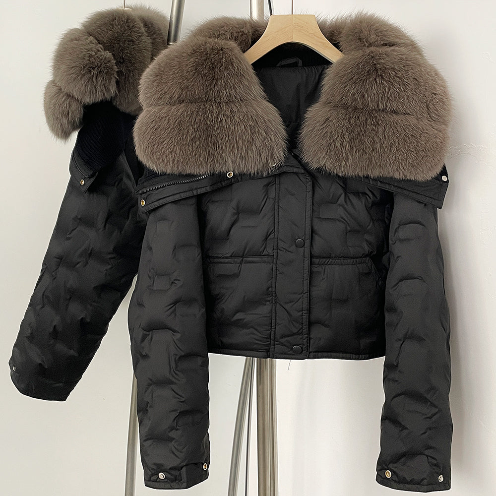 OFTBUY Thickened Warm Fluffy Real Fox Fur Puffer Jacket Women Short Long Sleeve White Duck Down Coat Female New Winter Clothing