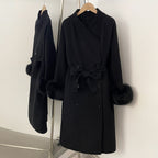 OFTBUY New Women's Wool Coat with Real Fox Fur Cuffs Double Breasted Belted Bow Pockets Warm Winter Elegant Fashion Outerwear
