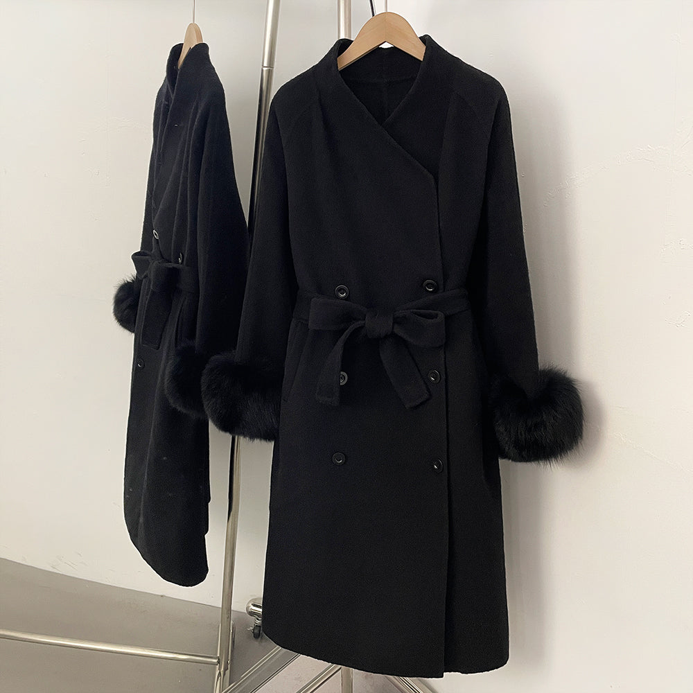 OFTBUY New Women's Wool Coat with Real Fox Fur Cuffs Double Breasted Belted Bow Pockets Warm Winter Elegant Fashion Outerwear