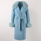 OFTBUY Winter Jacket Women Long Natural Wool Blends Cashmere Real Fur Coat Double Breasted Belt Warm Streetwear New Fashion