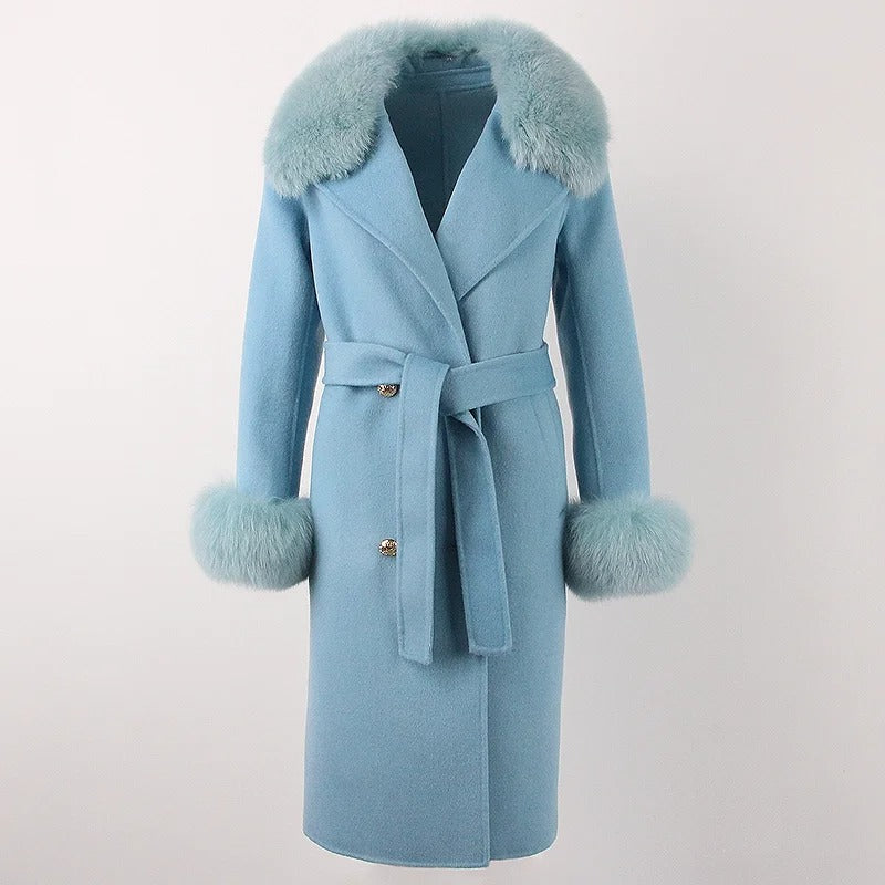 OFTBUY Winter Jacket Women Long Natural Wool Blends Cashmere Real Fur Coat Double Breasted Belt Warm Streetwear New Fashion