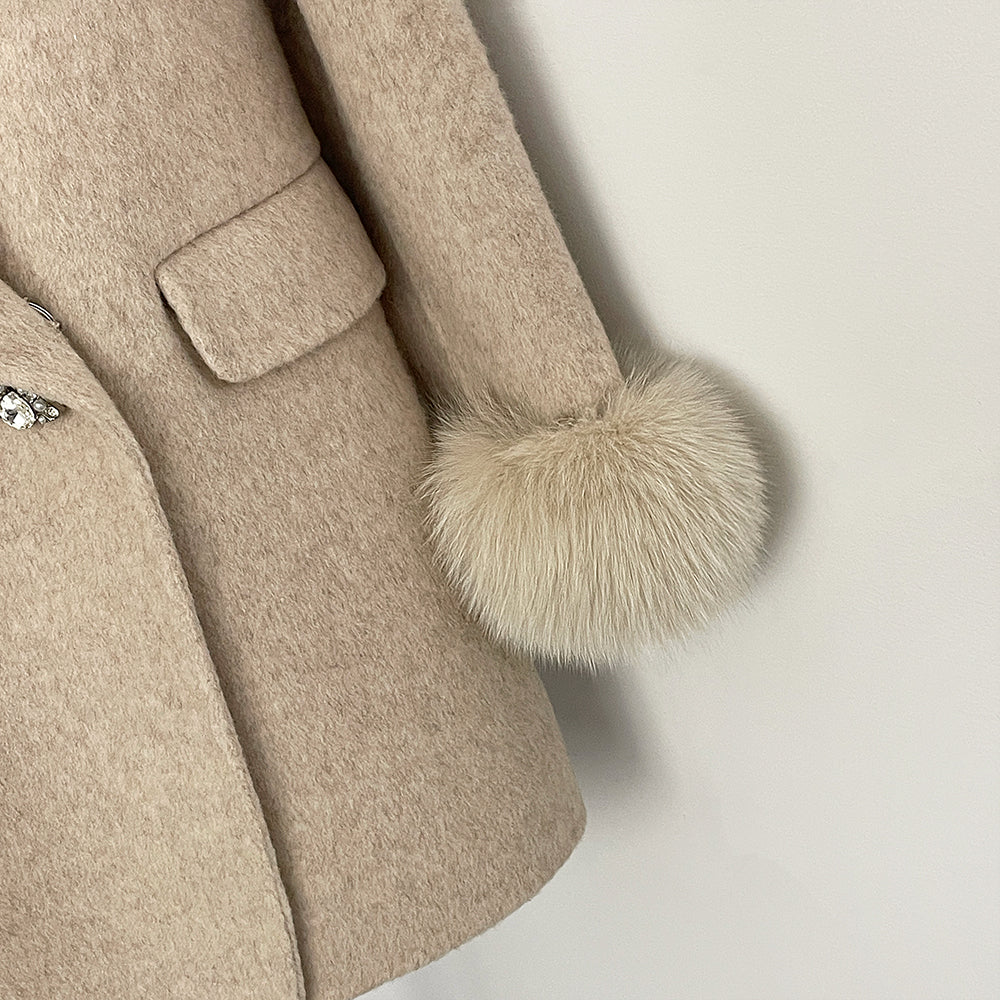 OFTBUY New Women's Wool Coat with Real Fox Fur Cuffs Double Breasted Diamond Button Lapel Winter Elegant Outerwear Female